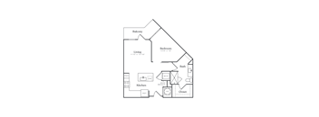 A floor plan of a home with a living room, kitchen, bathroom, bedroom and closet.